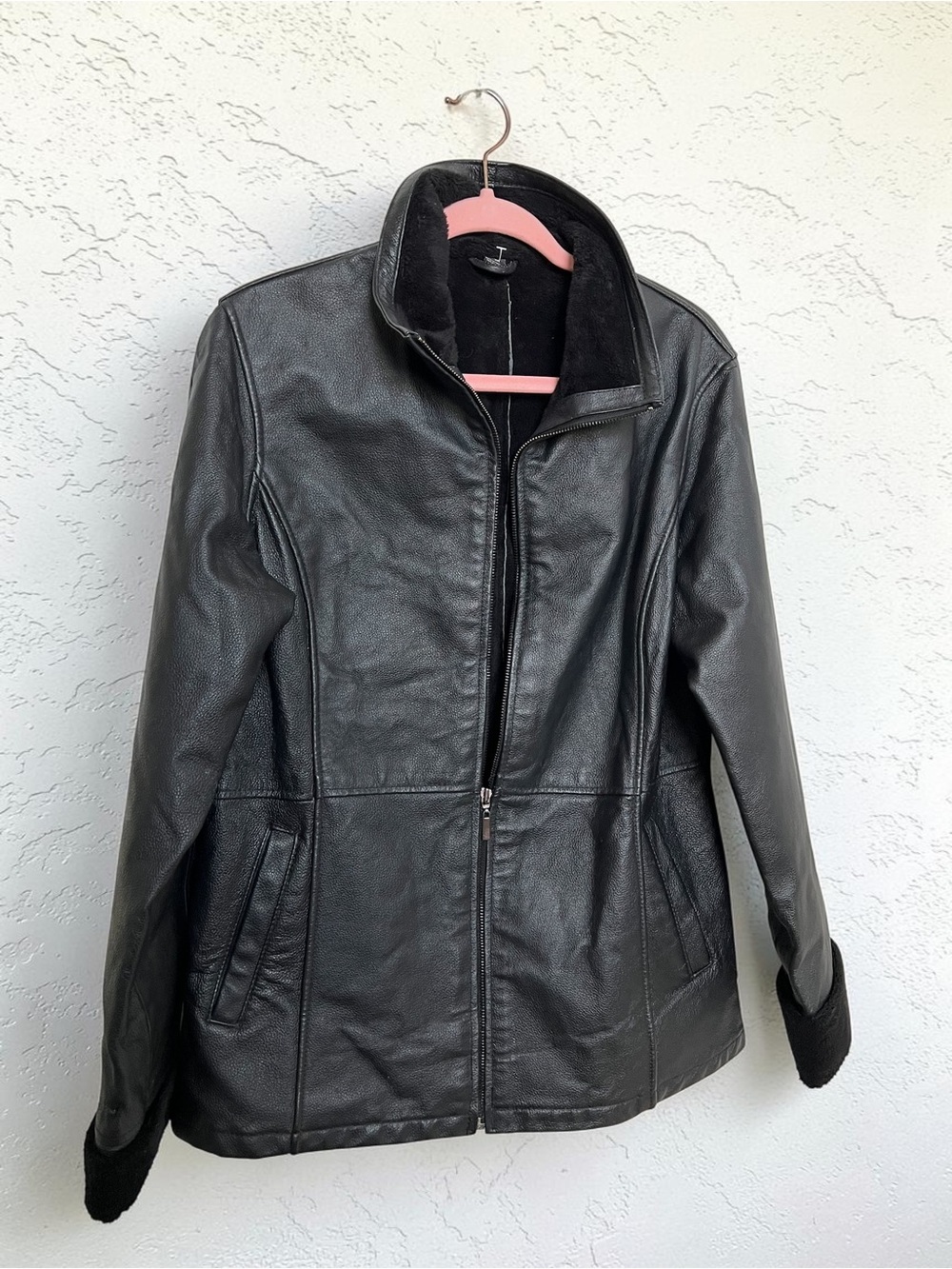 Vintage Genuine Leather Coat Jacket – Black Shearling Lined M